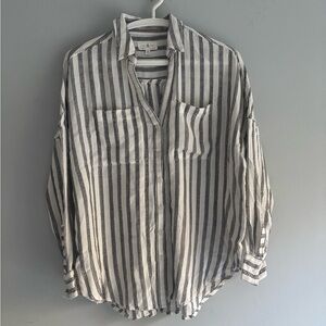 Lou & Grey Black White Striped Button Down Shirt Cotton Oversized Size XS